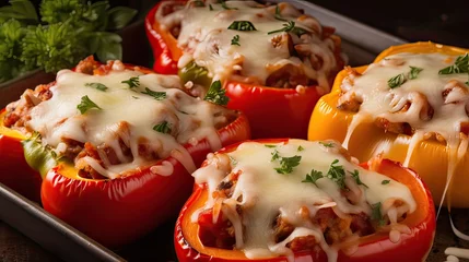 Foto op Plexiglas Colorful peppers are stuffed with a yummy combination of tomatoey beef and rice, then topped with melted mozzarella cheese © YarikL