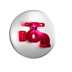 Red Water tap icon isolated on transparent background. Silver circle button.