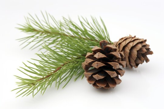 Fir tree branch and cones isolated on white background. Generative AI
