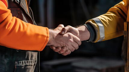Close-up of Workers giving handshake at construction site