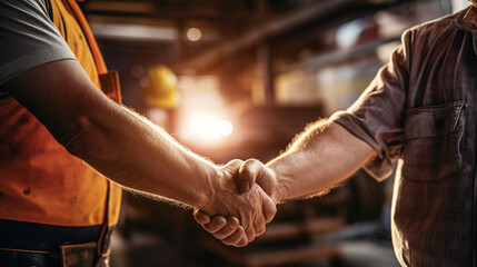 Home renovation agreement with home owner giving handshake with contractor - obrazy, fototapety, plakaty