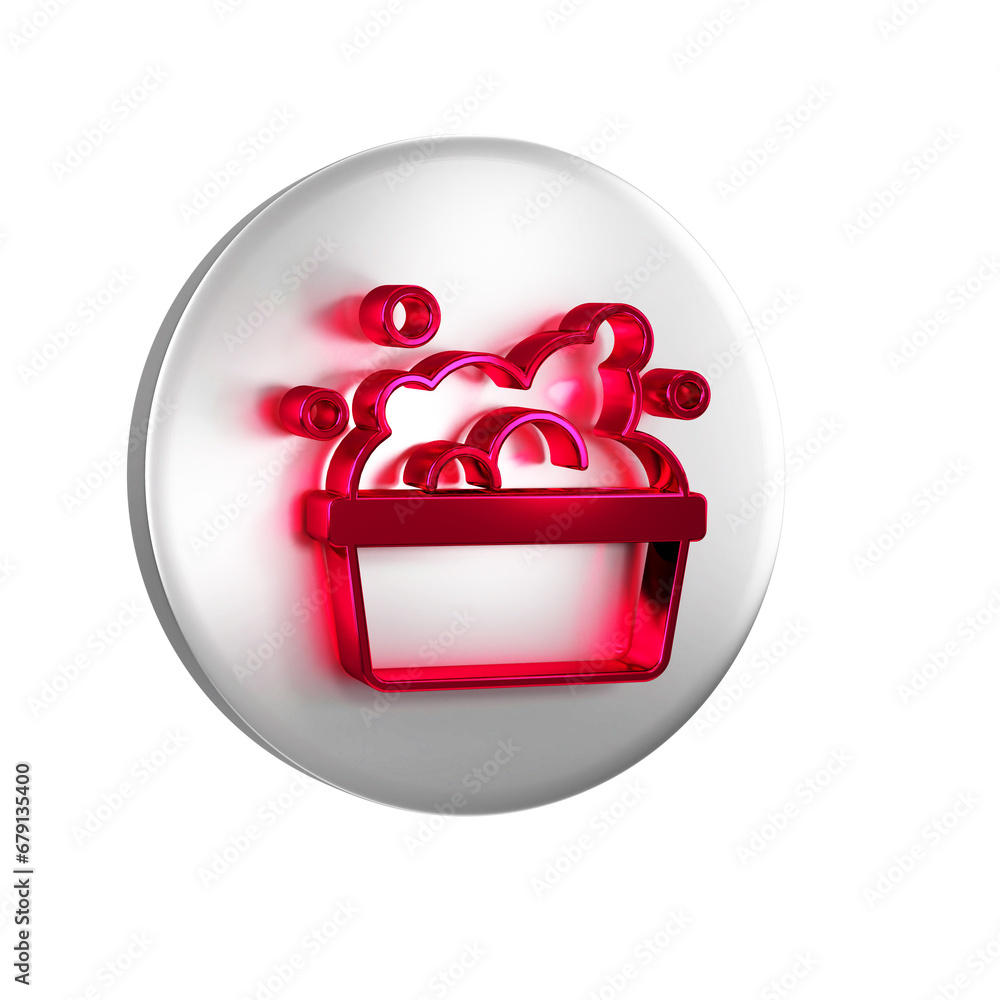 Canvas Prints Red Plastic basin with soap suds icon isolated on transparent background. Bowl with water. Washing clothes, cleaning equipment. Silver circle button.