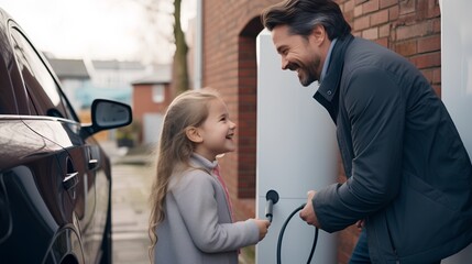 A caring father and his young daughter are engaged in plugging an EV charger into their electric car, demonstrating the importance of sustainable transportation to the new generation.
