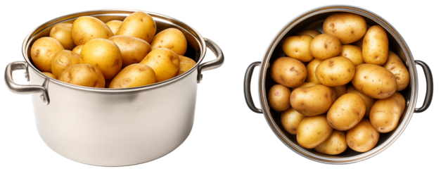 Cooking pot filled with potatoes isolated on white background, vegetable collection