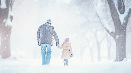 little girl with grandfather walking in snow