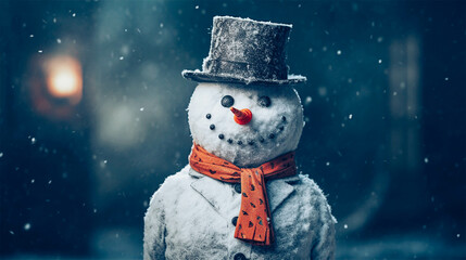 snowman with carrot nose and coal button - obrazy, fototapety, plakaty