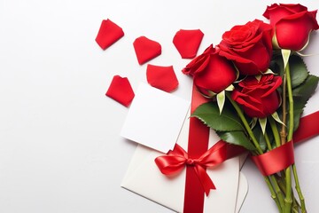 Valentine's Day Flat Lay with Red Roses Bouquet and Gift