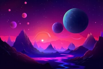 Obraz premium Illustration of galaxy sky cosmic night neon planet. Generative AI
