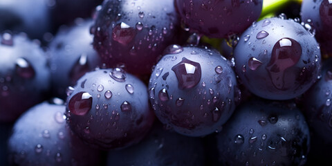 Top down view of red grapes with drops of water, Bunch of Pinot Noir grapes with drops of water on a dark background Generative AI

 - obrazy, fototapety, plakaty