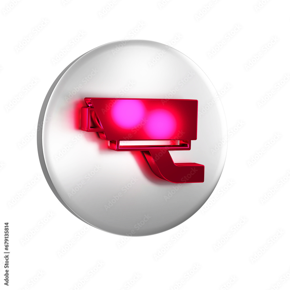 Poster red security camera icon isolated on transparent background. silver circle button.