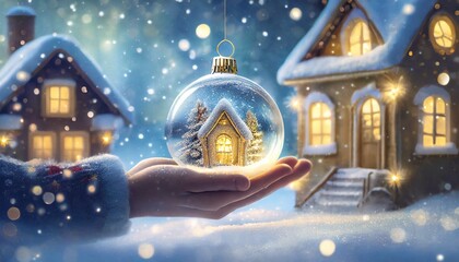 Szklana kula z zimowym świątecznym domkiem w ręku dziecka. niebieskie tło z migoczącymi światłami. Zimowa, świąteczna grafika z miejscem na tekst