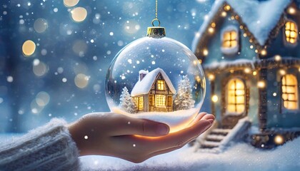 Szklana kula z zimowym świątecznym domkiem w ręku dziecka. niebieskie tło z migoczącymi światłami. Zimowa, świąteczna grafika z miejscem na tekst - obrazy, fototapety, plakaty