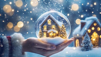 Szklana kula z zimowym świątecznym domkiem w ręku dziecka. niebieskie tło z migoczącymi światłami. Zimowa, świąteczna grafika z miejscem na tekst