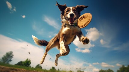 A dynamic photograph of an agile dog in the air symbolizes active animals and play in nature.