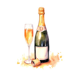 Watercolor champagne bottle with glasses, transparent or white background, png
