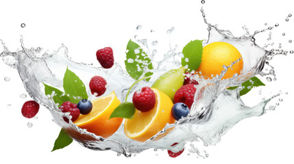 Fruit splashing water on a transparent or white background, png