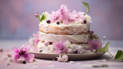 Artistic cake with floral decoration, colorful berries, detailed baking, celebration and sweetness.