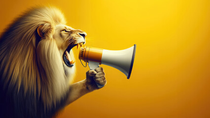 Roar of Leadership: Lion's Call to Action Through a Megaphone. - obrazy, fototapety, plakaty