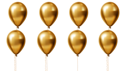 3D gold balloons with bunch of ribbons on transparent or white background, png