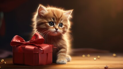 A small cute ginger kitten sits on a wooden floor next to a red gift box.