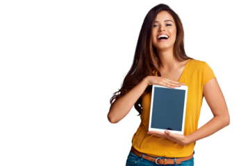 Woman, blank tablet and smile in portrait, app promotion and isolated by transparent png background. Girl, digital touchscreen and happy with thinking, mockup space and vision with ux for marketing