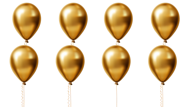 3D gold balloons with bunch of ribbons on transparent or white background, png