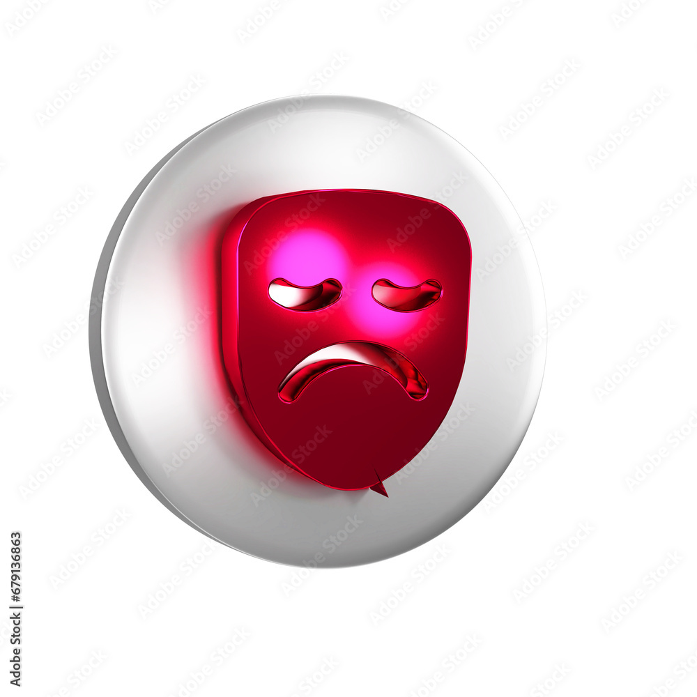 Poster red drama theatrical mask icon isolated on transparent background. silver circle button.