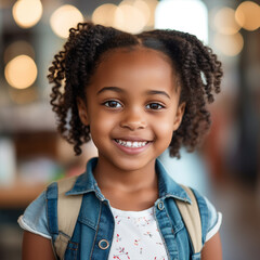 Smiling cute little african american girl with two pony tails looking at camera, ai technology - obrazy, fototapety, plakaty