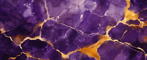 Luxury purple and gold stone marble texture. Alcohol ink technique abstract background. Modern paint with glitter. Template for banner, poster design. Fluid art painting