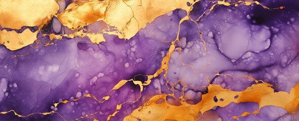 Luxury purple and gold stone marble texture. Alcohol ink technique abstract background. Modern paint with glitter. Template for banner, poster design. Fluid art painting