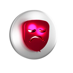 Red Drama theatrical mask icon isolated on transparent background. Silver circle button.