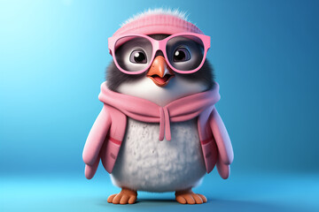 Fototapeta premium 3D art illustration of cute penguin, in pink glasses, wearing pink jacket and hat, simple studio blue background. Animation cartoon charecter
