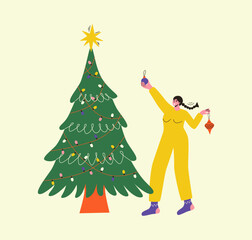 Woman with tree toy decorates Christmas tree. Merry Christmas greeting card. Vector illustration in cartoon style.