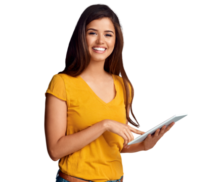 Woman, portrait and smile with tablet for ebook, social media post or online shopping isolated on transparent png background. Digital streaming, subscription and download blog, software or search app