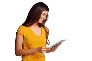 Happy, woman and scroll with tablet for app, update social media post and online shopping isolated on transparent png background. Digital streaming, subscription and download blog, software and ebook