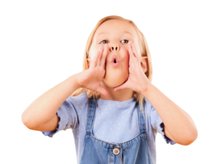 Child, hands and shouting for announcement message, information or isolated on transparent png background. Silly female person, girl and wow mouth or fingers as emoji gesture, voice or funny