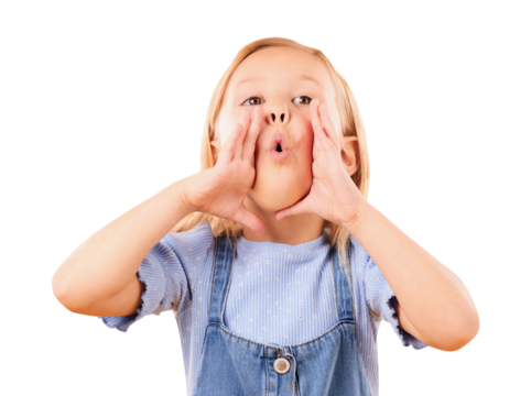 Child, hands and shouting for announcement message, information or isolated on transparent png background. Silly female person, girl and wow mouth or fingers as emoji gesture, voice or funny