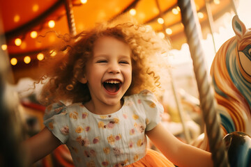 Happy excited little girl riding a carousel on a horse in an amusement park - obrazy, fototapety, plakaty