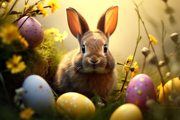 A rabbit standing in the flowers near other easter eggs. Generative AI
