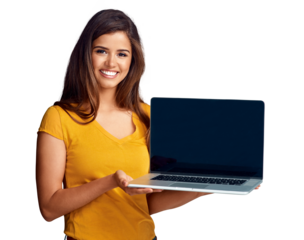 Portrait, screen and presentation of a laptop with a woman isolated on a transparent background for information. Smile, ecommerce and happy young person showing an empty display on PNG for marketing
