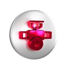 Red Industry metallic pipe and valve icon isolated on transparent background. Silver circle button.