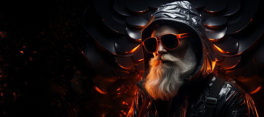 Serious elderly man santa claus in black leather clothes at party against neon wall background in club, concept of new year celebration in club