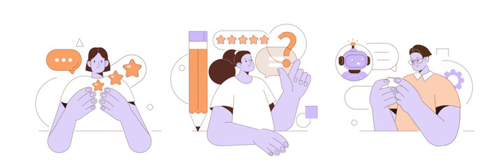 Feedback and review concept illustrations set. Customers integrating with chat bot robot assistant, asking questions and sharing experience. Vector illustration.
