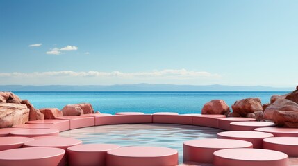 Modern pink podium overlooking the sea with floral arrangement.
