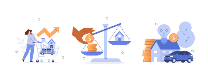 Cost of living rising concept illustration. Character worries about consumer goods, utilities, housing and transportation price increases. Consumer price index metaphor. Vector illustrations set. - obrazy, fototapety, plakaty