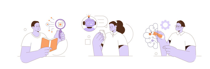 Computer science concept illustrations set. Characters integrating with innovative technology, studying deep learning, data mining and microprocessor programming. Vector illustration.