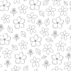 Linear vintage groovy floral and leaves seamless pattern. Line art botanical flowers. Flower power. Floral summer and spring garden. Doodles. Coloring book. Background, wrapping paper, digital paper.