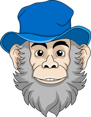 a bearded monkey is wearing a blue hat