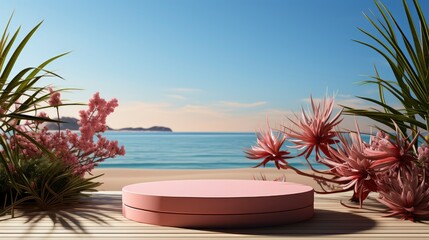 Obraz premium Modern pink podium overlooking the sea with floral arrangement.