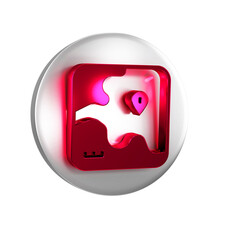 Red Africa safari map icon isolated on transparent background. Silver circle button.